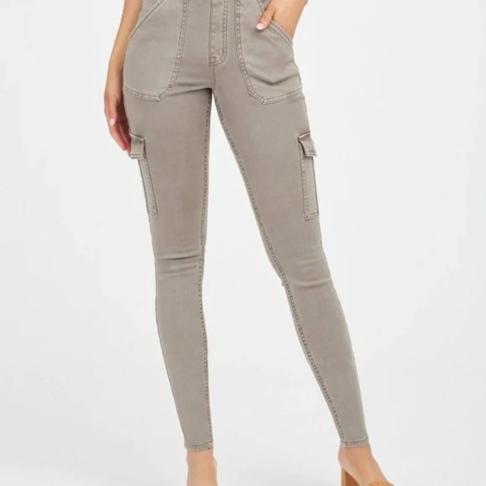 Spanx Stretch Twill Ankle Cargo Skinny Pants Denim In Crystal Gray~ Large Petite